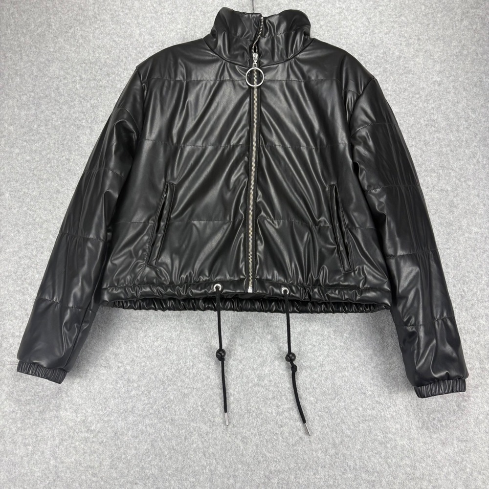 Vigoss Puffer Jacket Womens L Black Faux Leather Cropped Streetwear Grunge Edgy